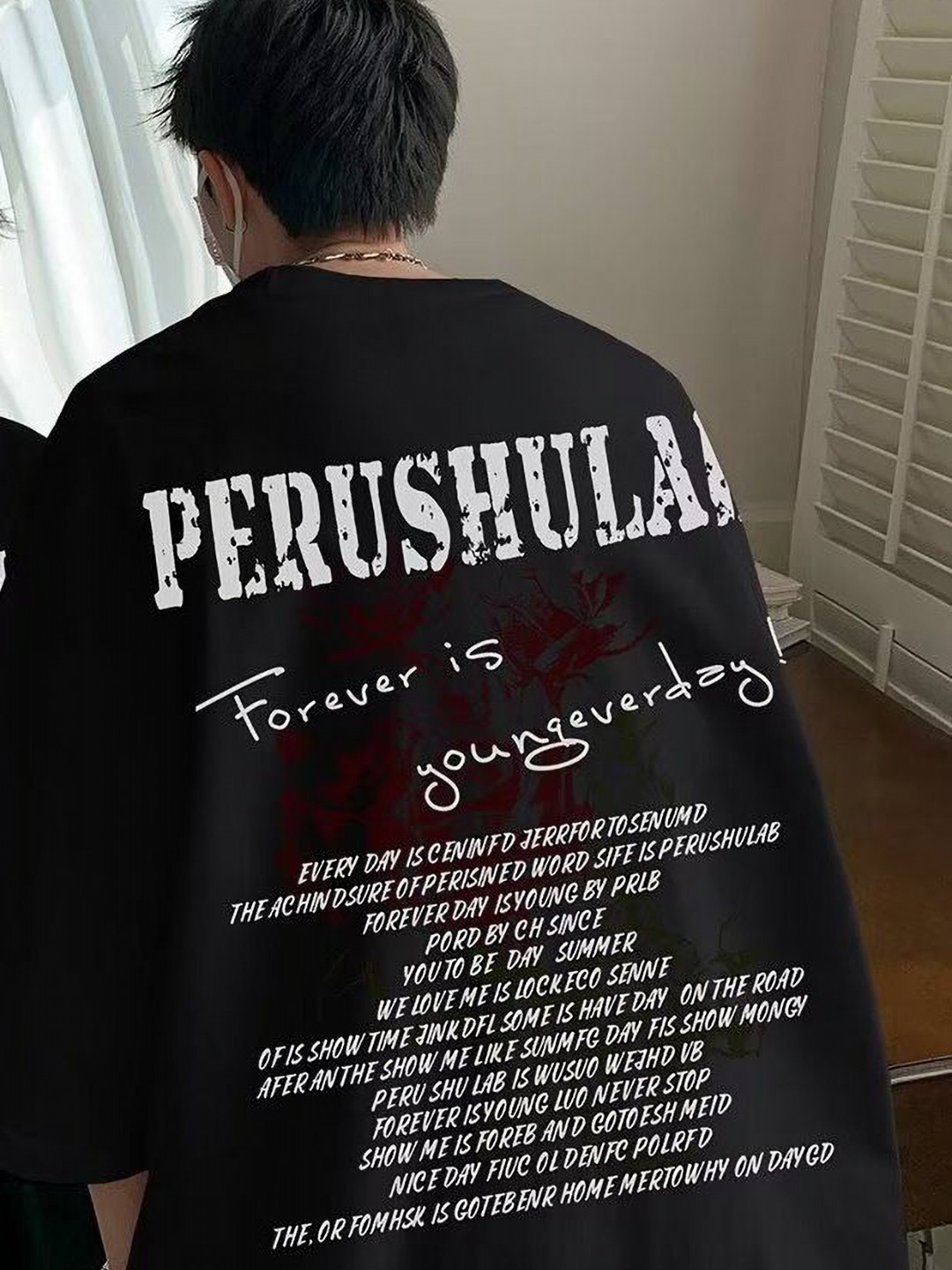 

HERE&NOW Men Typography Printed Round Neck Cotton Oversized T-shirt, Black
