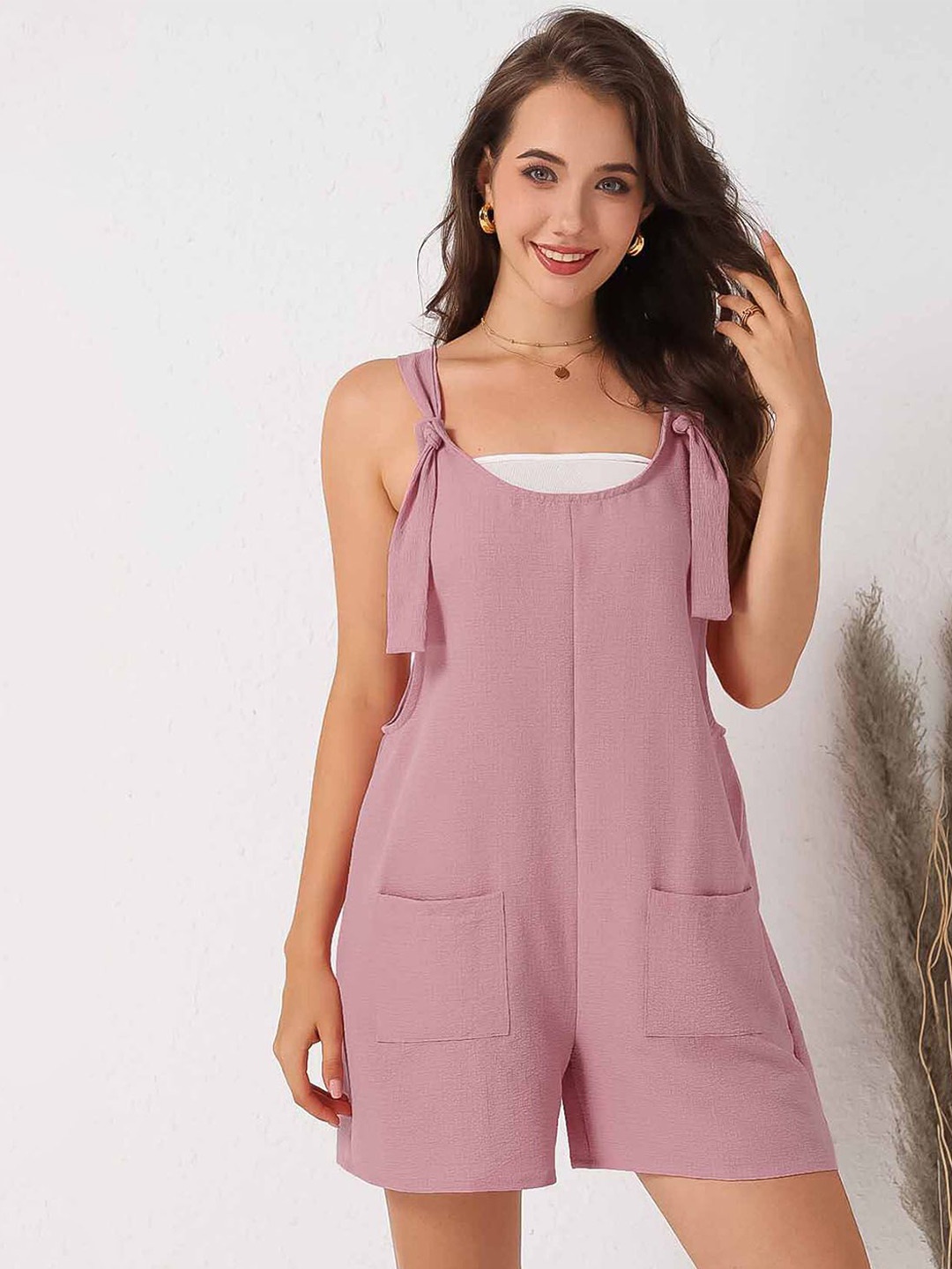 

Errabelly Pink Adjustable Straps Pocketed Textured Romper