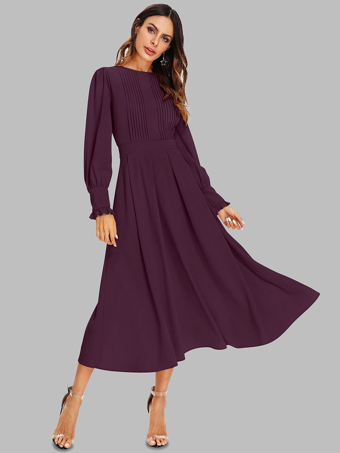 

DHUNKI Puff Sleeve Georgette Formal Fit & Flare Midi Dress, Magenta