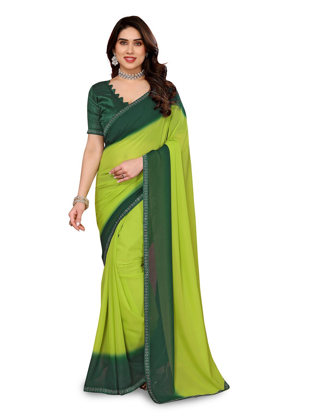 

Moda Rapido Ombre Beads and Stones Poly Georgette Saree, Green