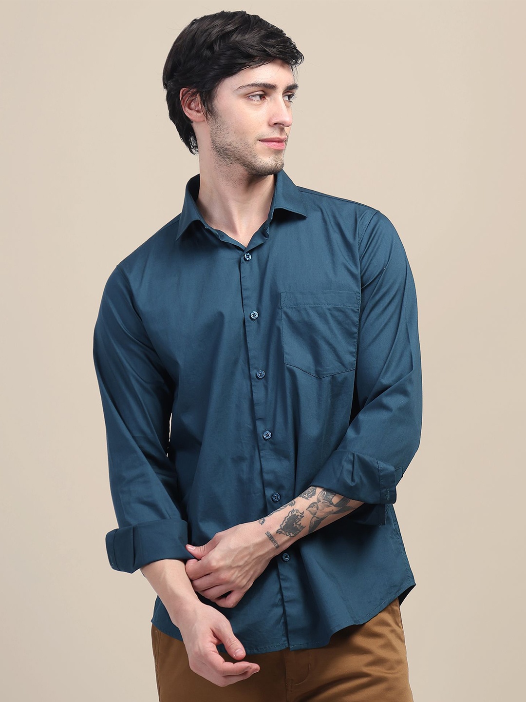 

AMSWAN Men Spread Collar Solid Cotton Casual Shirt, Navy blue