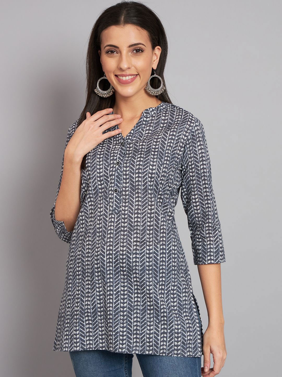 

SHAHVEER CREATION Mandarin Collar Printed Tunic, Blue