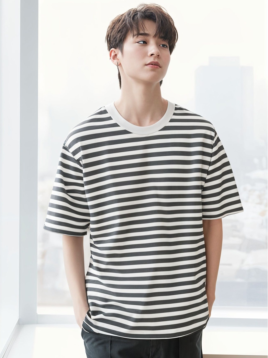 

VIMAL JONNEY Men Striped Round Neck Cotton Oversized T-shirt, Grey