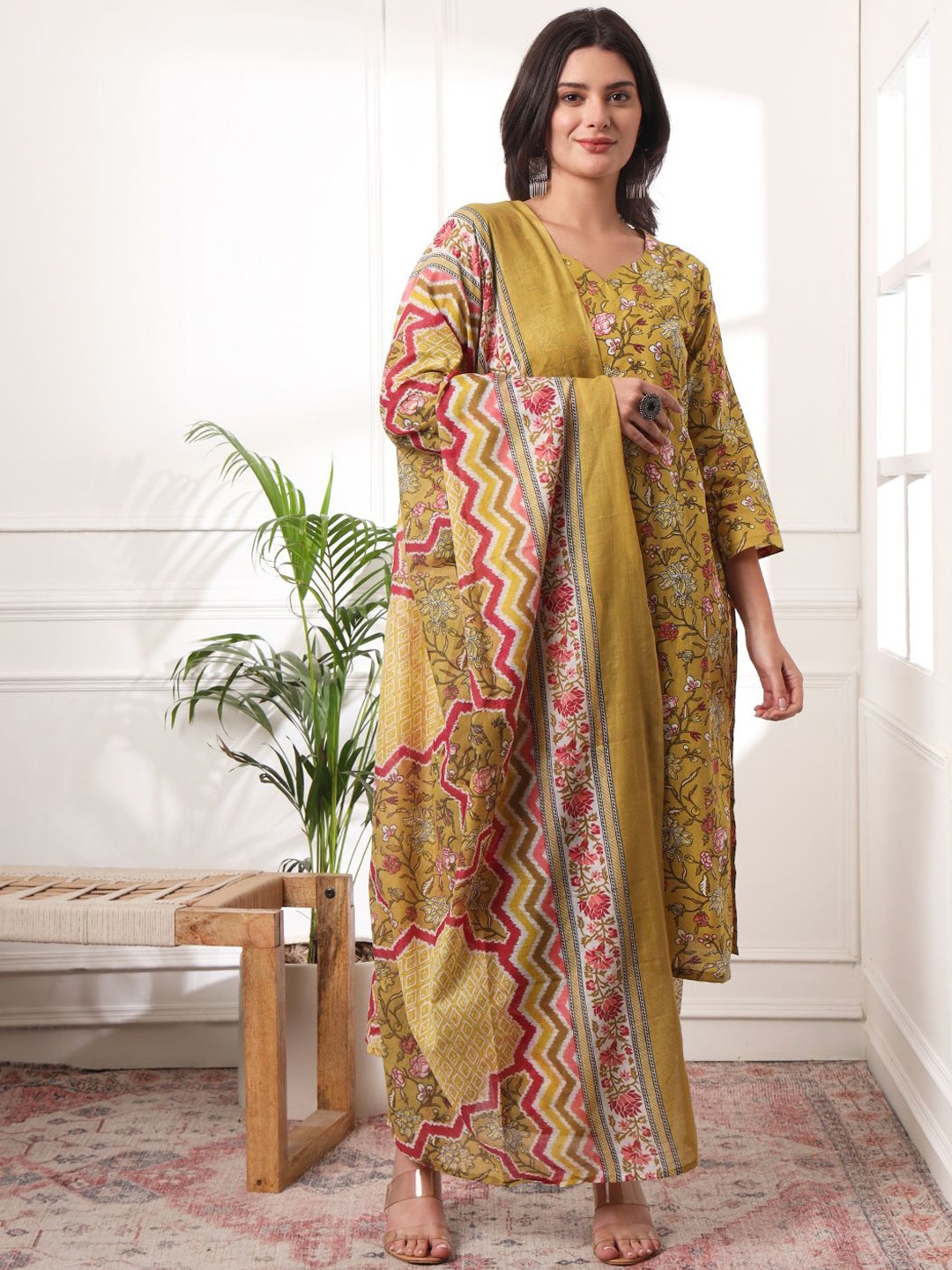 

KALINI Floral Printed Pure Cotton Sweetheart Neck Straight Kurta With Trousers And Dupatta, Mustard