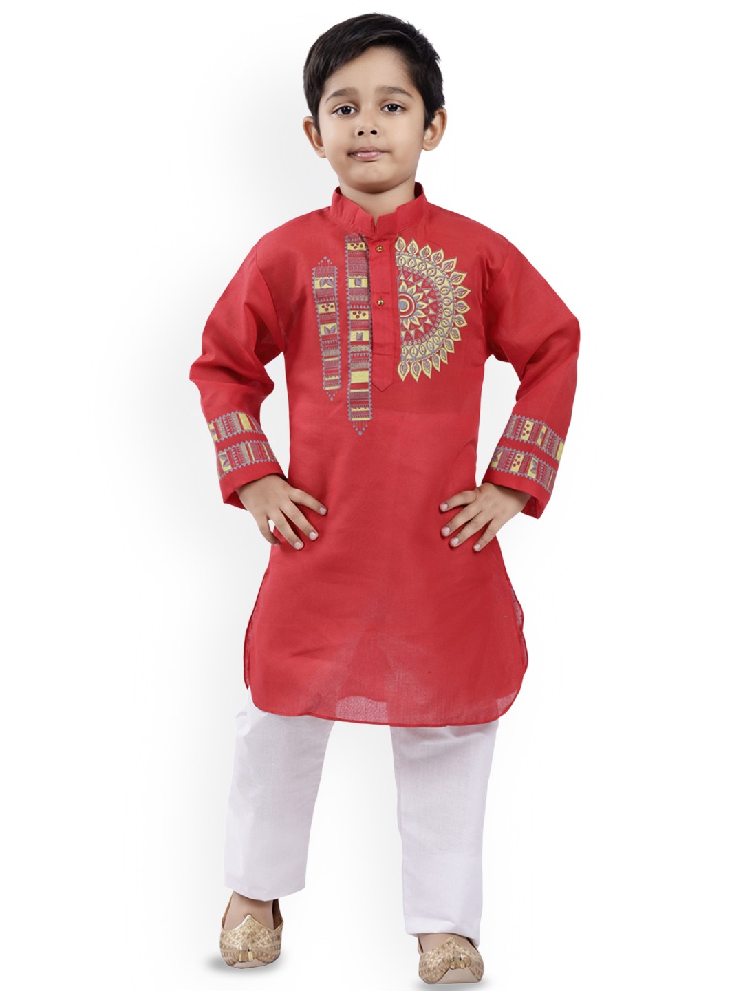 

BAESD Boys Ethnic Motifs Printed Mandarin Collar Straight Kurta With Pyjamas, Red