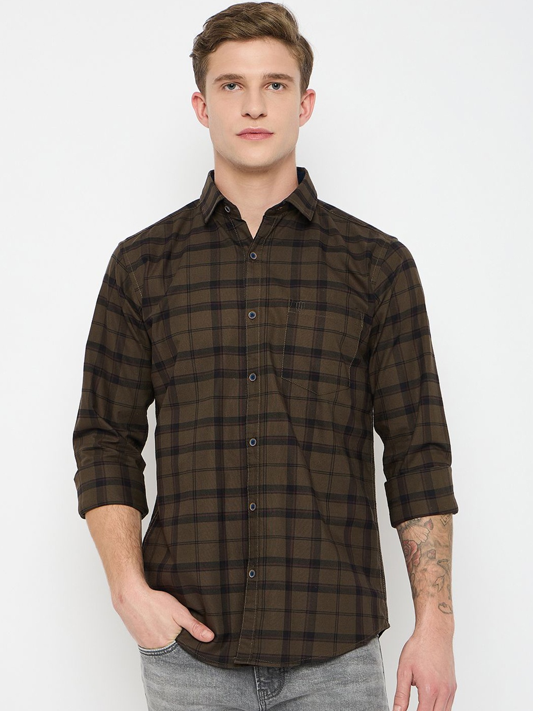 

Duke Men Spread Collar Tartan Checked Cotton Casual Shirt, Brown