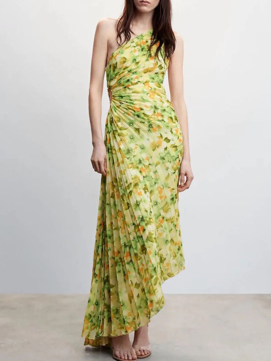 

MADE FOR HER LABEL Benita One Shoulder Waist Cut Floral Green Beachwear Dress For Women