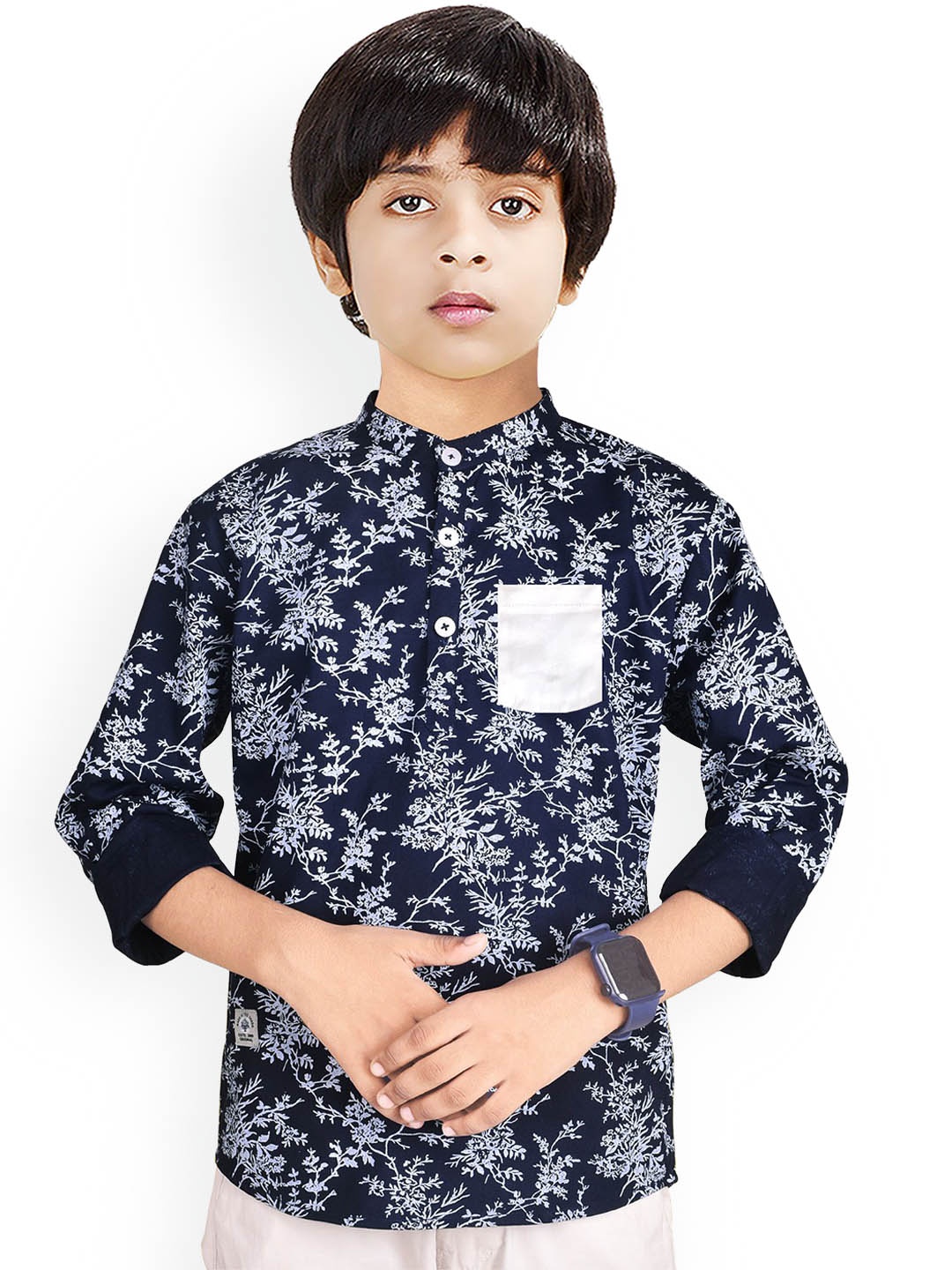 

MADE IN THE SHADE Boys Floral Printed Band Collar Cotton Straight Kurta, Blue