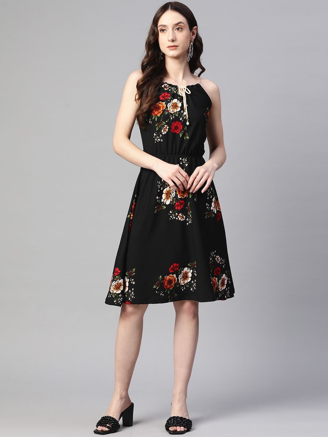 

KALINI Floral Print Halter Neck Fit & Flare Dress, Black