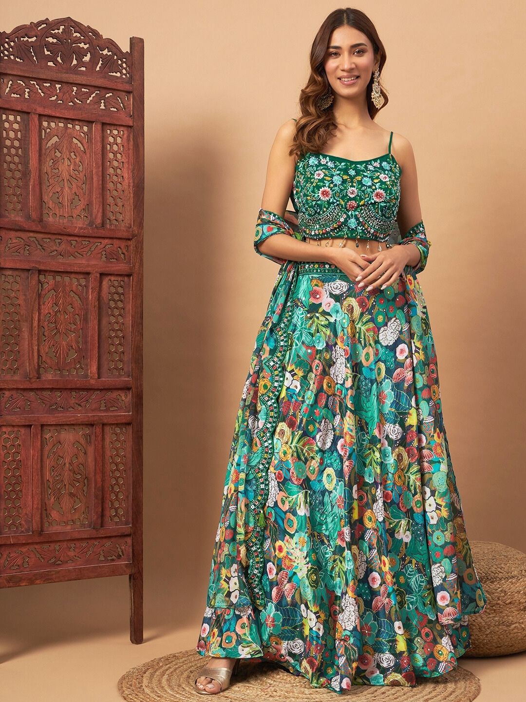 

Chhabra 555 Floral Digital Printed Lehenga Choli With Embellished Cape, Green