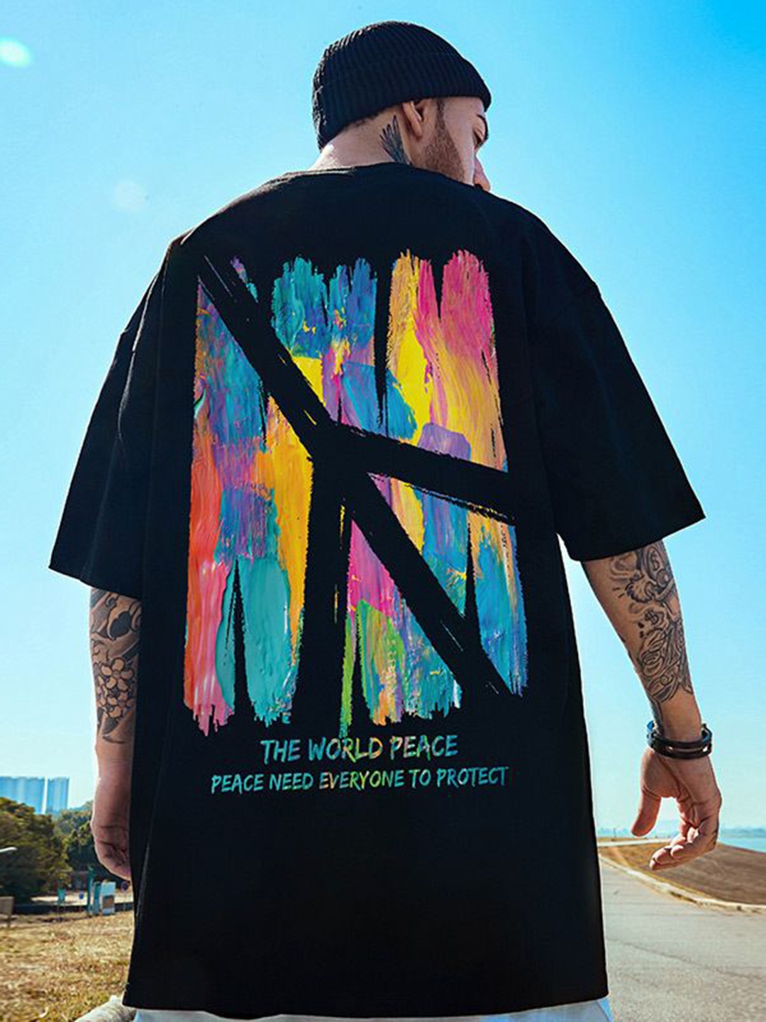 

HERE&NOW Men Graphic Printed Round Neck Oversized T-shirt, Black