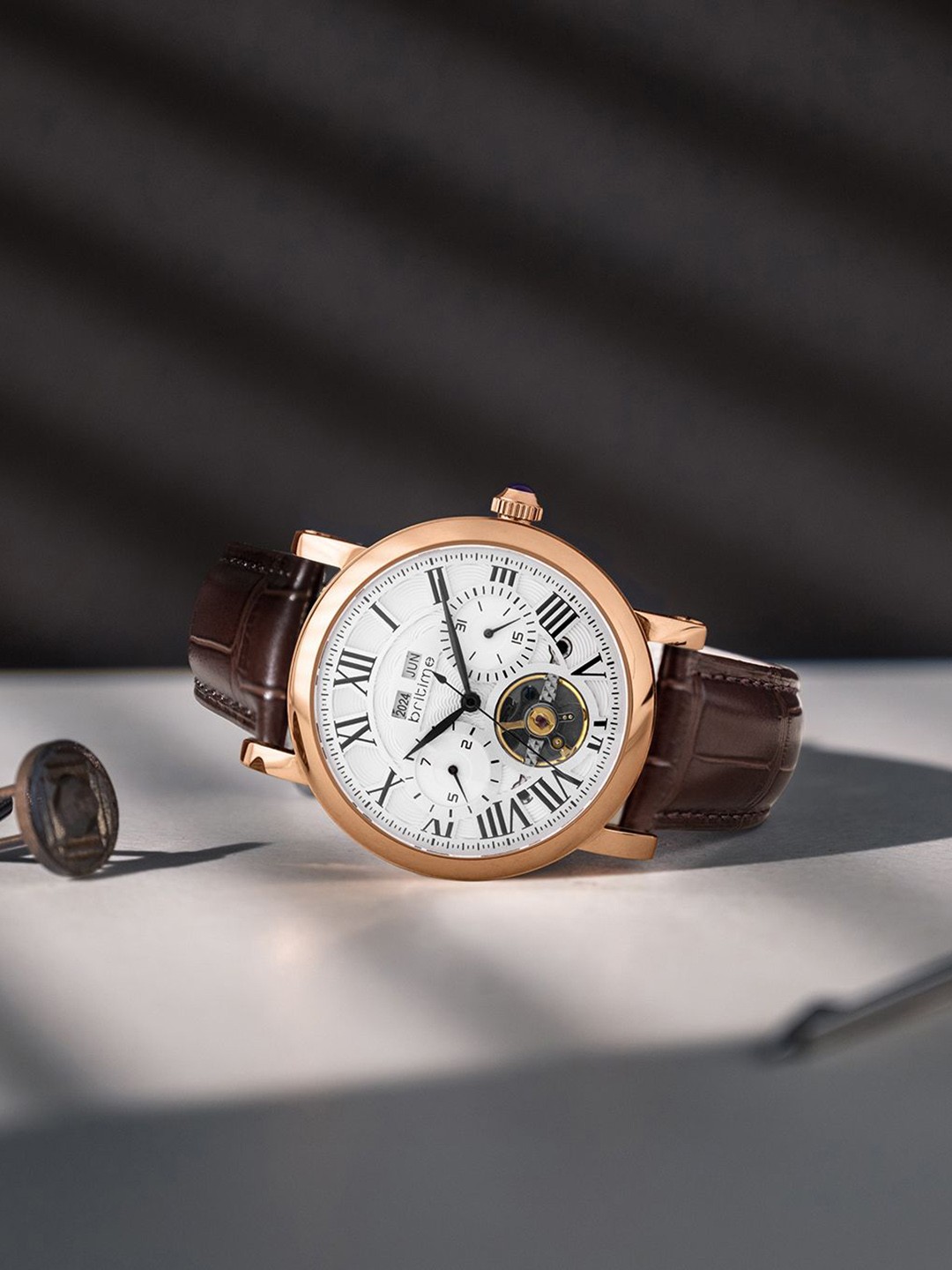 

Britime Men Printed Dial & Leather Textured Straps Analogue Automatic Watch 323-L30308, Silver