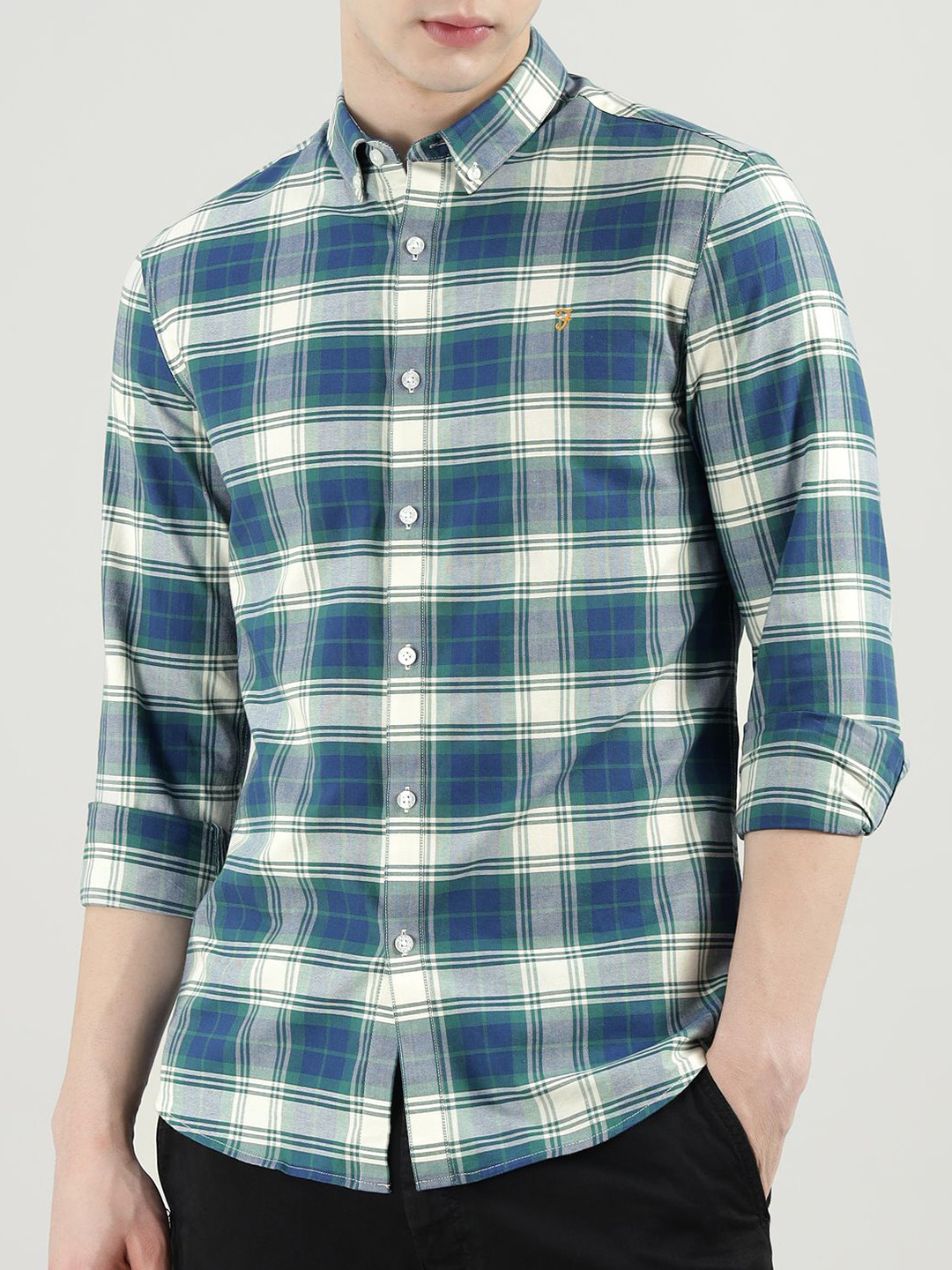 

Farah Men Slim Fit Button-Down Collar Tartan Checked Cotton Casual Shirt, Grey