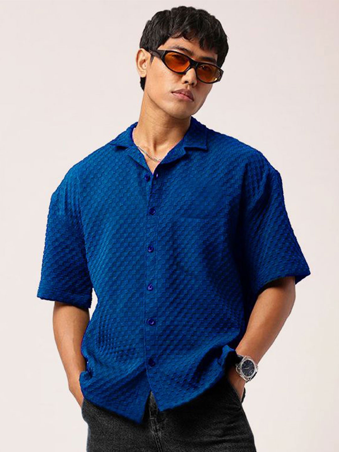 

Moda Rapido Men Standard Fit Cuban Collar Textured Casual Shirt, Navy blue