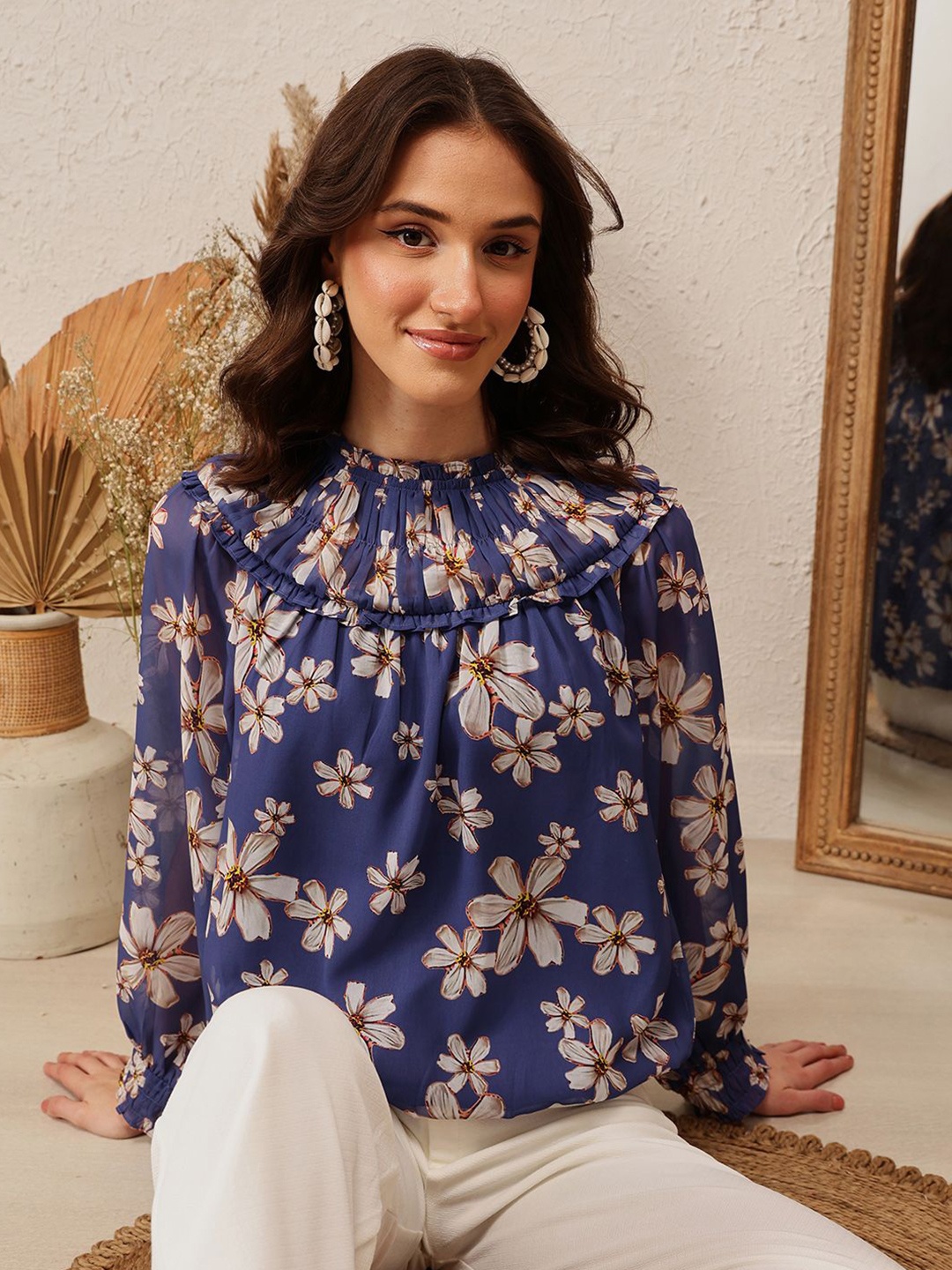 

QUIERO Floral Print Georgette Top, Blue