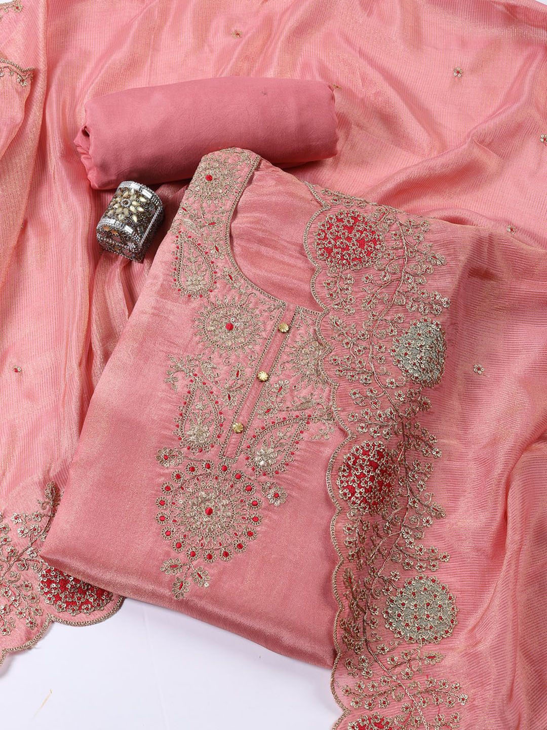 

Meena Bazaar Floral Embroidered Zari Unstitched Dress Material, Pink