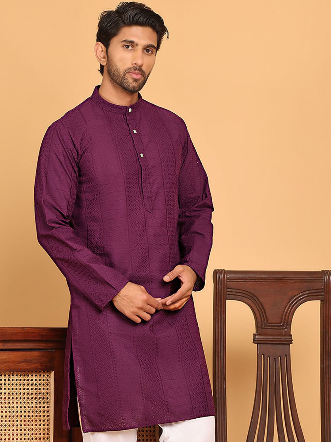 

Anouk Purple Men Geometric Chikankari Band Collar Straight Pure Cotton Kurta