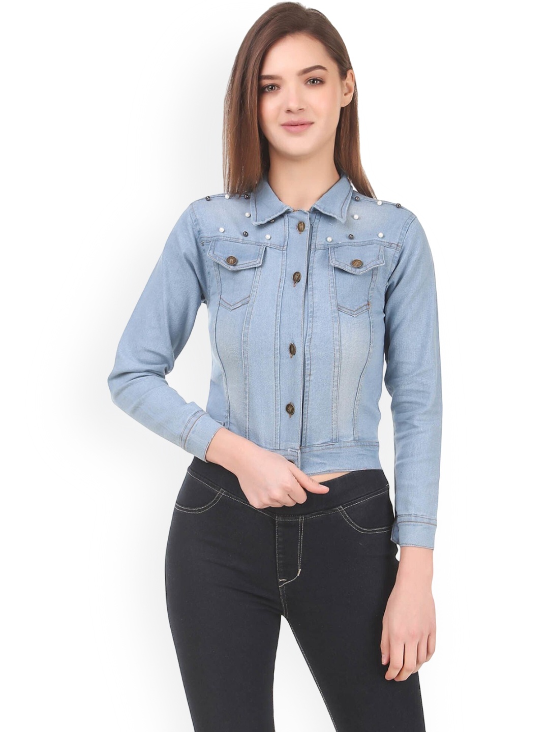 

KASHIAN Women Spread Collar Solid Casual Denim Jacket, Blue