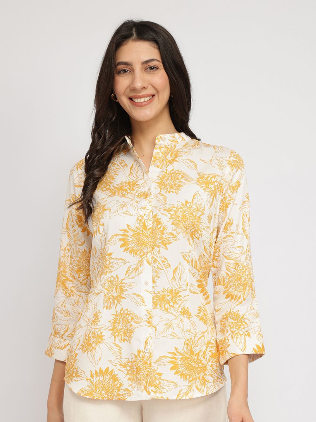 

FableStreet Women Classic Fit Band Collar Floral Printed Casual Shirt, White