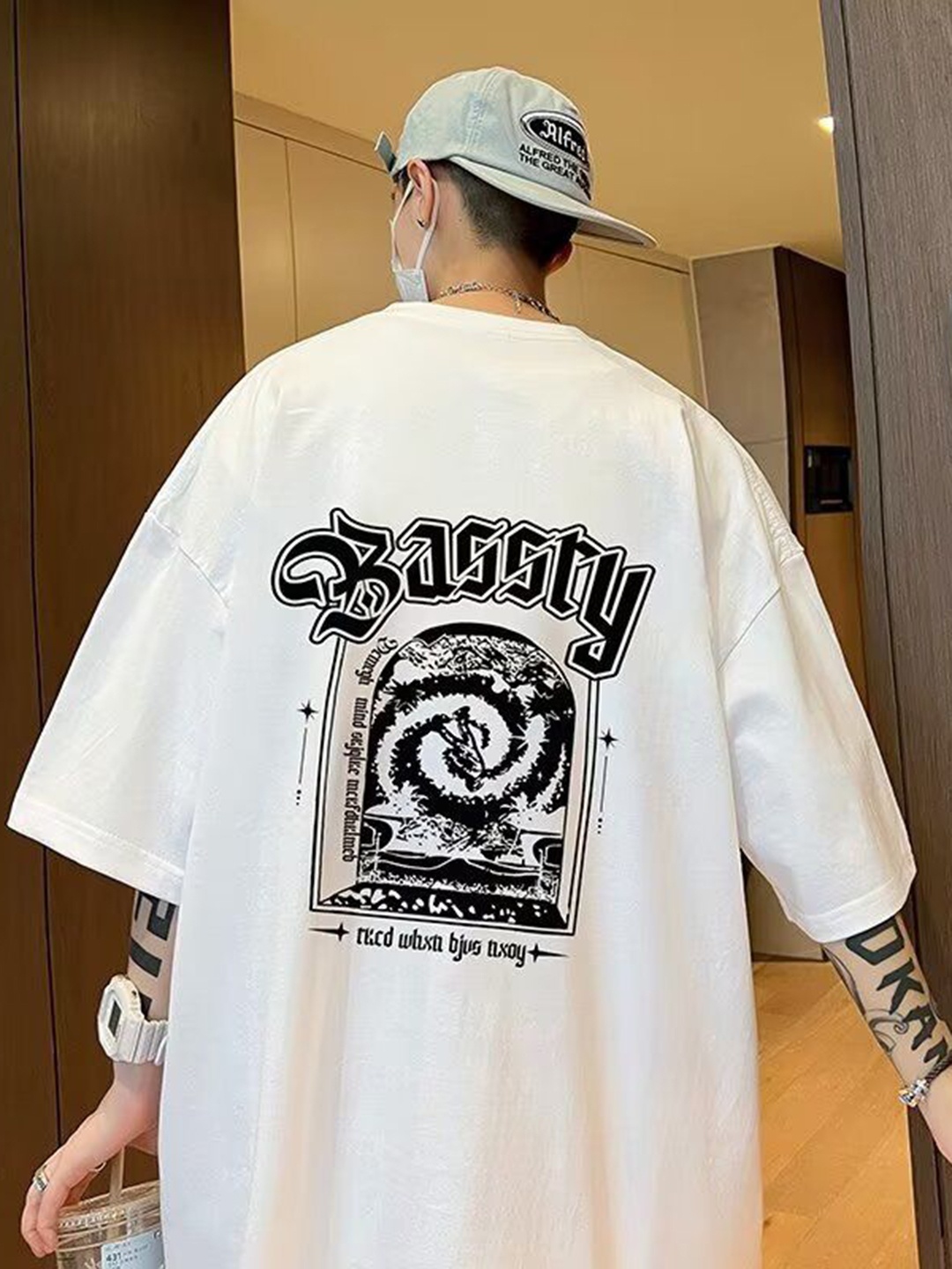 

HERE&NOW Men Graphic Printed Round Neck Cotton Oversized T-shirt, White
