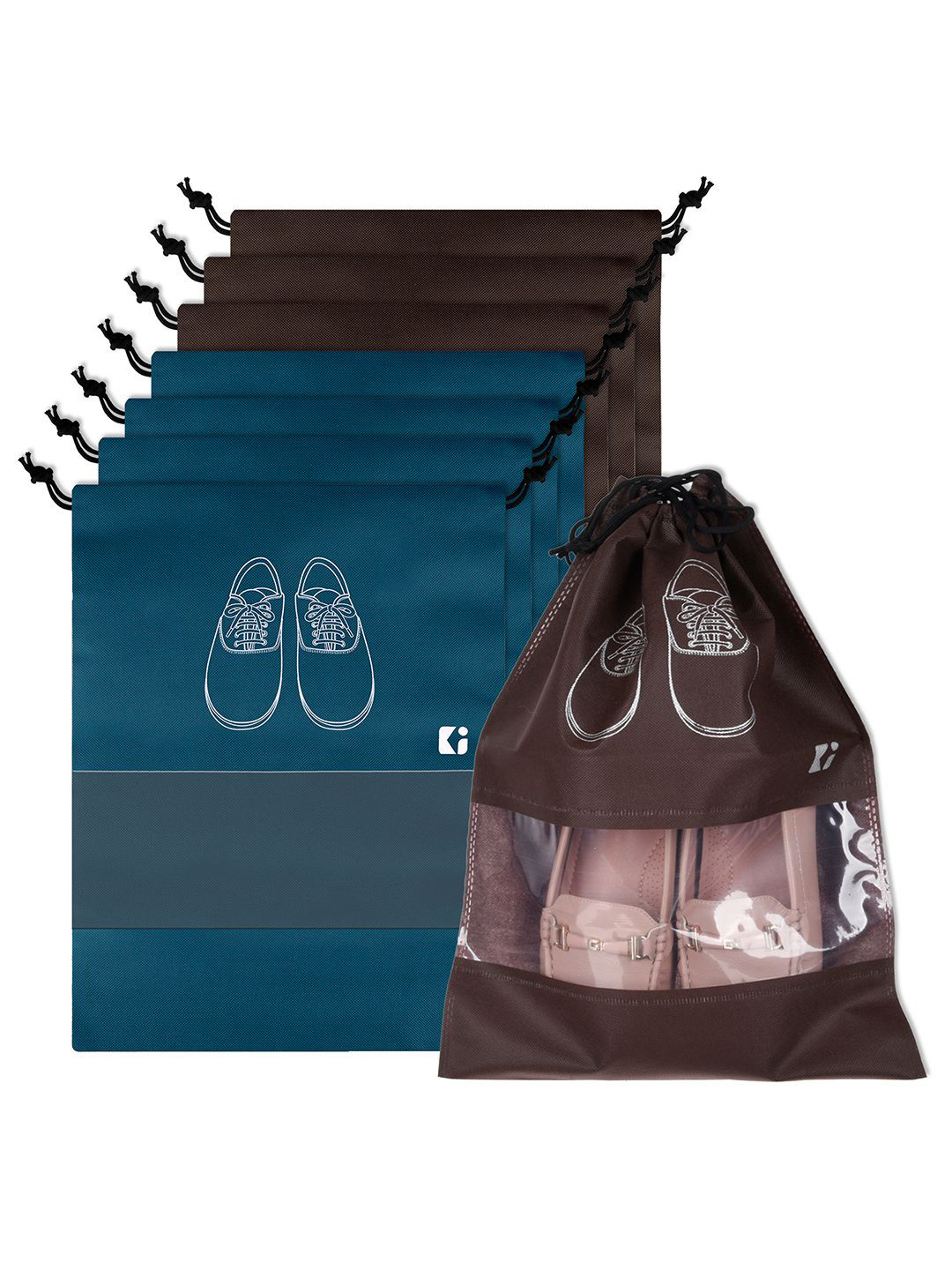 

Kuber Industries Navy Blue & Coffee Brown 8 Pieces Printed Shoe Cover Bags