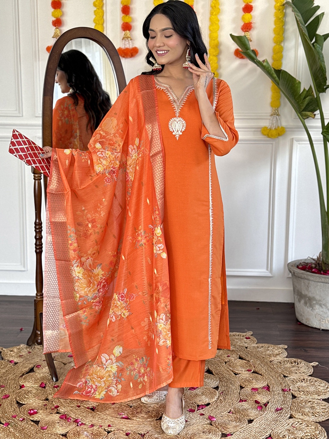 

KALINI Ethnic Motifs Embroidered Chanderi Silk Straight Kurta With Trousers And Dupatta, Orange