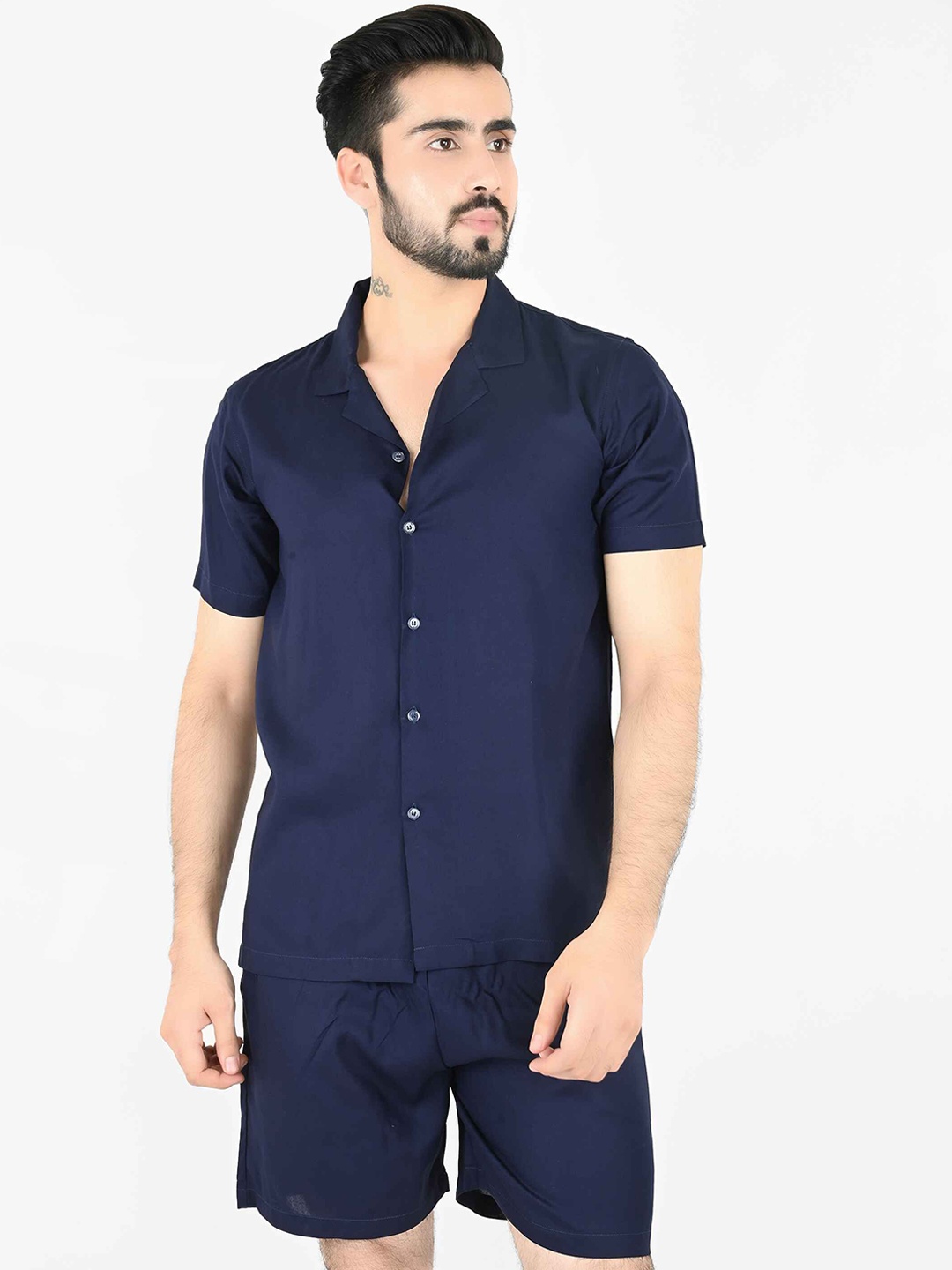 

Blissence Pure Cotton Shirt With Shorts Co-Ords, Navy blue