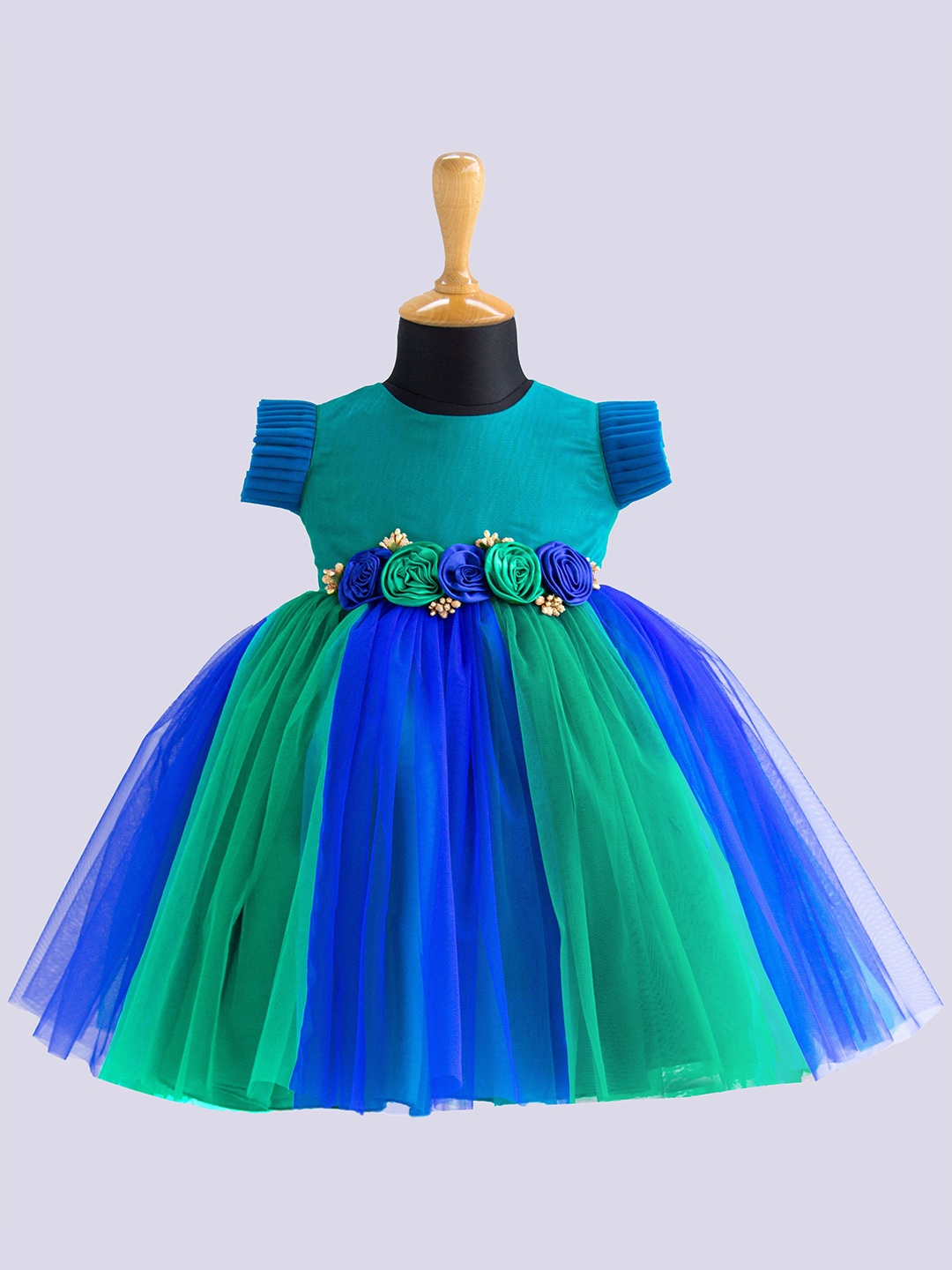 

STANWELLS KIDS Girls Colourblocked Applique Ruffle Fit & Flare Dress, Blue