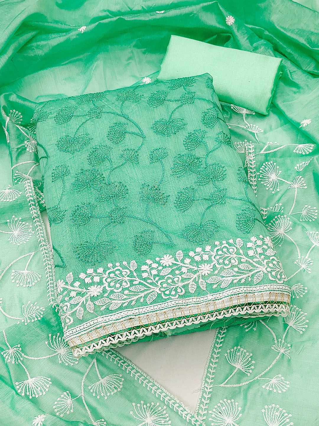 

MANVAA Floral Embroidered Unstitched Dress Material, Sea green