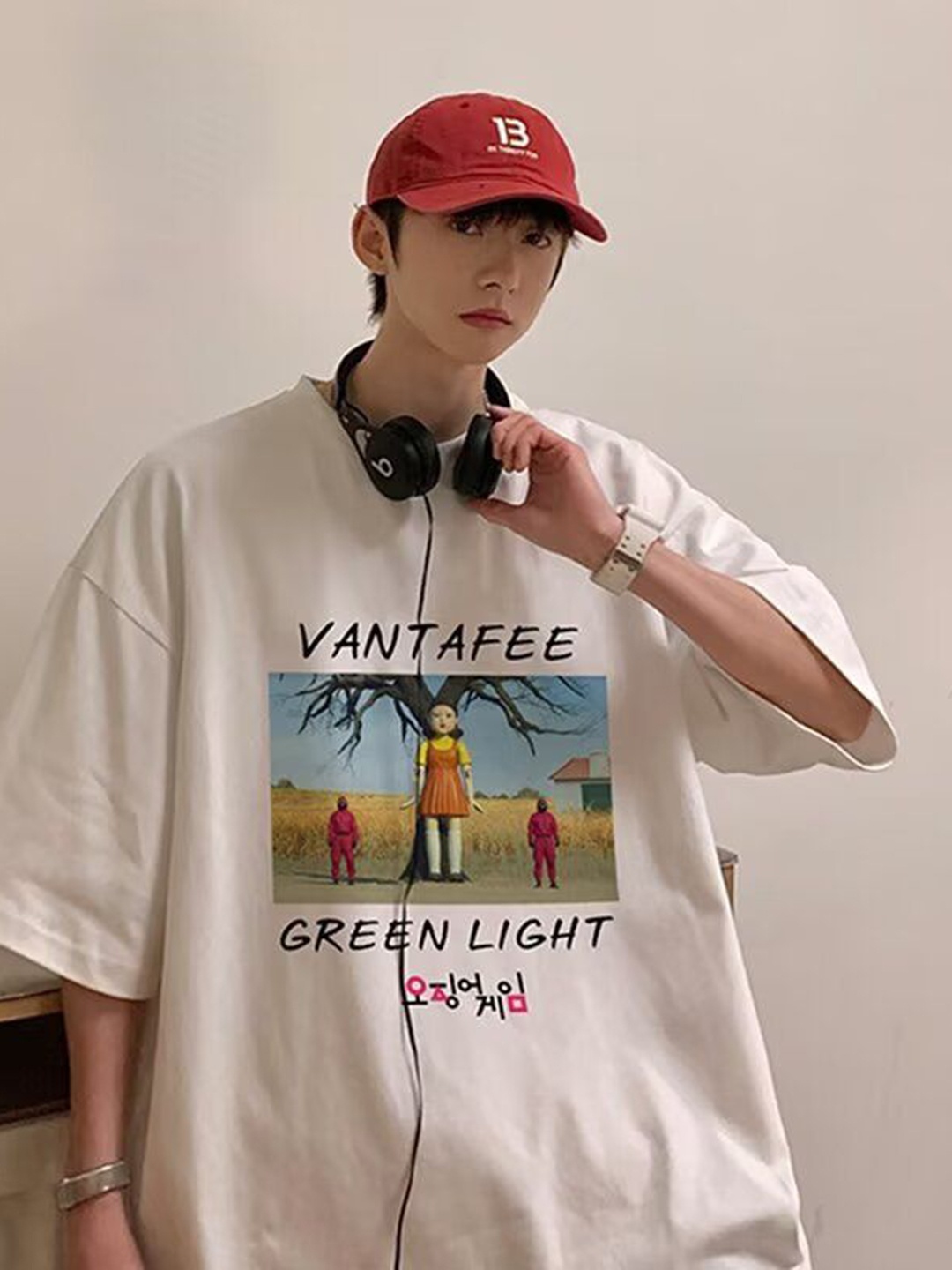 

HERE&NOW Men Graphic Printed Round Neck Cotton Oversized T-shirt, White