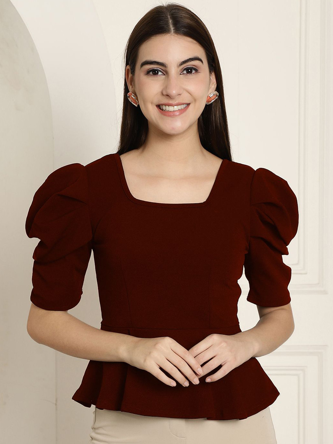 

Tromko Women Solid Square Neck Peplum Top, Brown