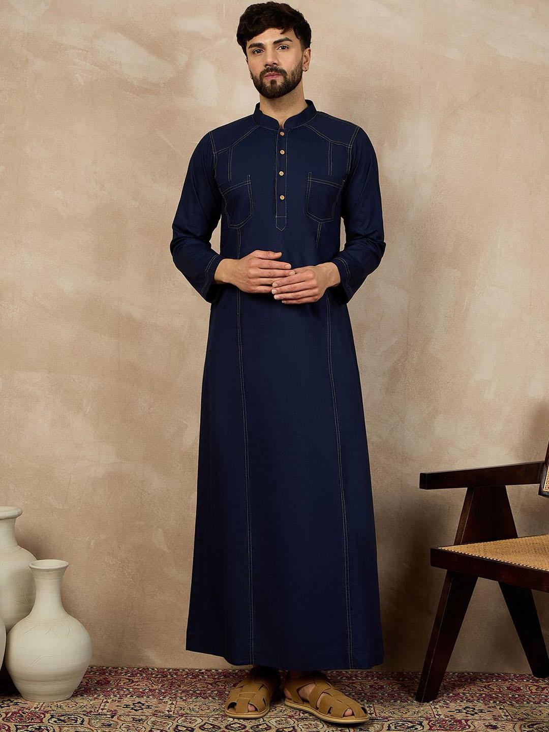 

NABIA Band Collar Pure Cotton thread Work Long Kurta, Blue