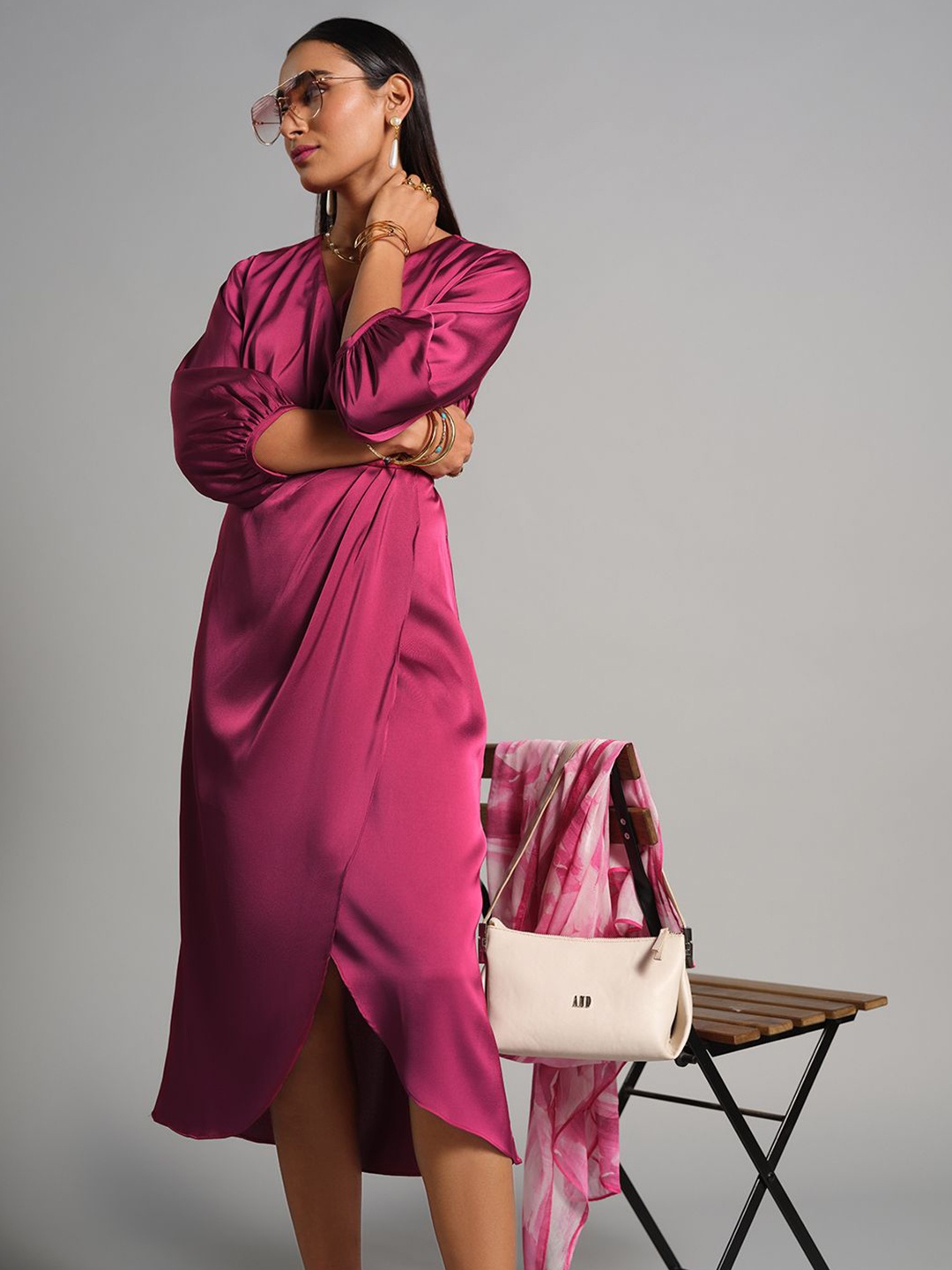 

AND Women V-Neck Wrap Midi Dress, Magenta