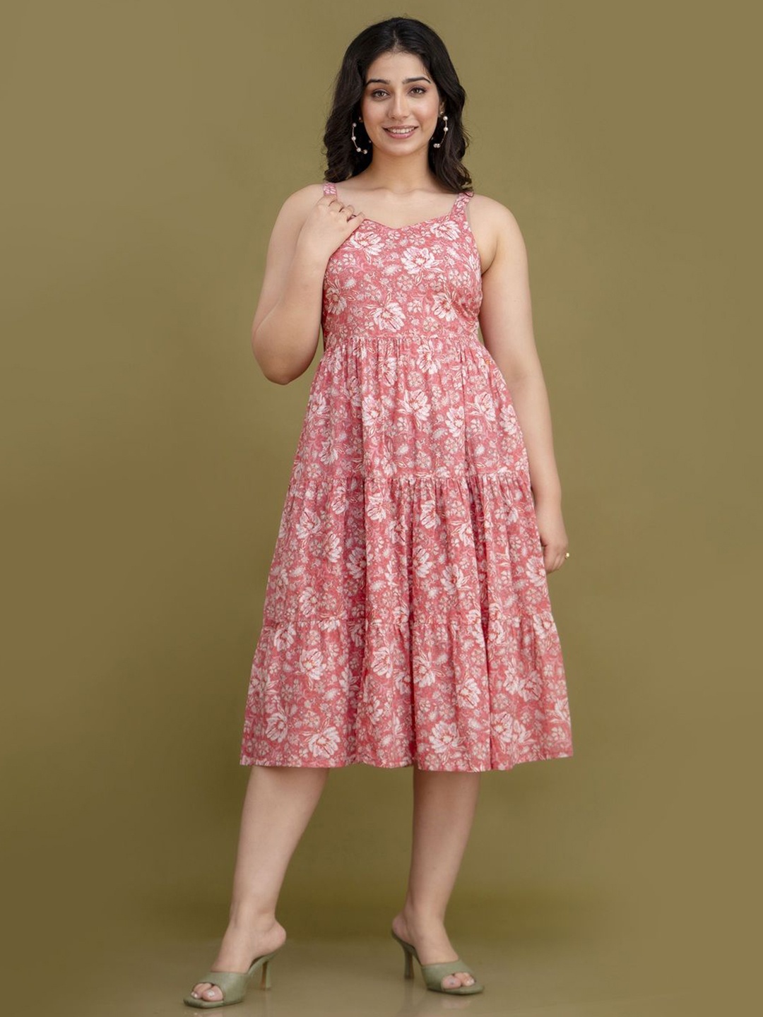 

Demirner Floral Printed Cotton Tiered Fit & Flare Midi Dress, Peach
