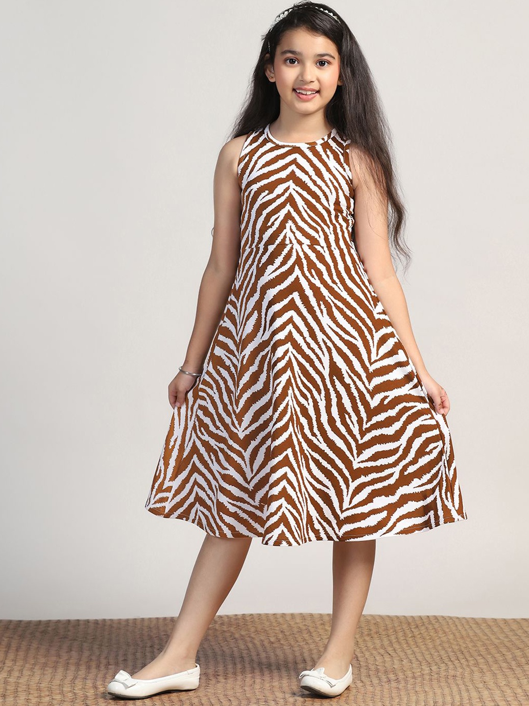 

YK Print A-Line Midi Dress, Brown