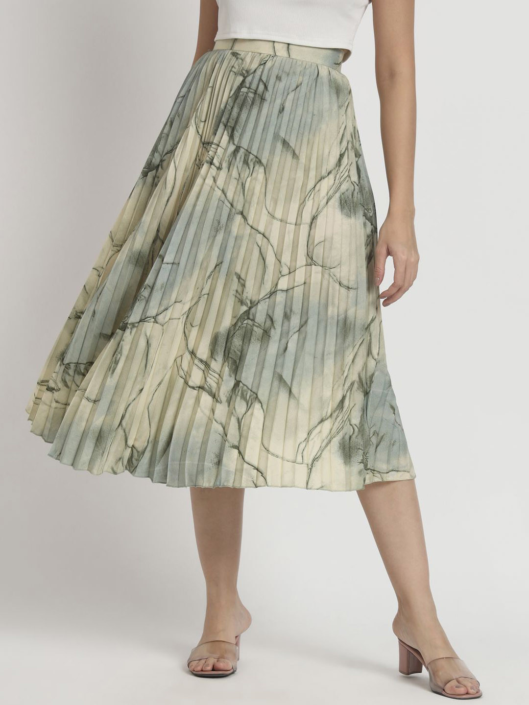

ZWERLON Women Printed Pleated A-Line Midi Skirt, Green