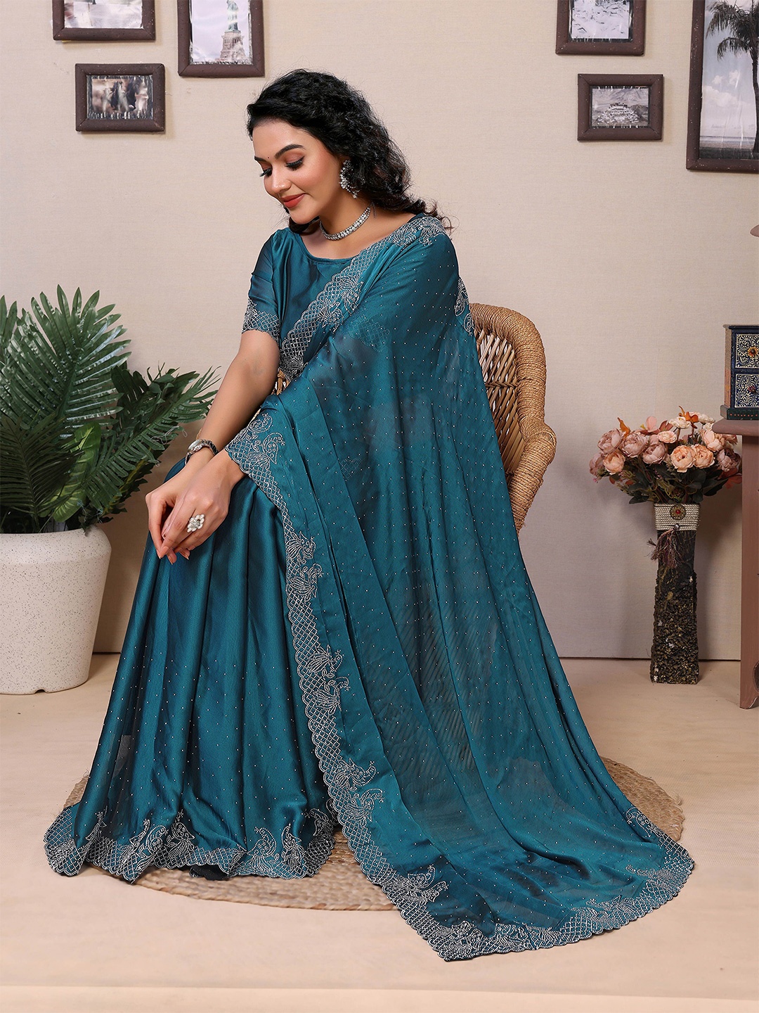 

Moda Rapido Embellished Mukaish Saree, Teal