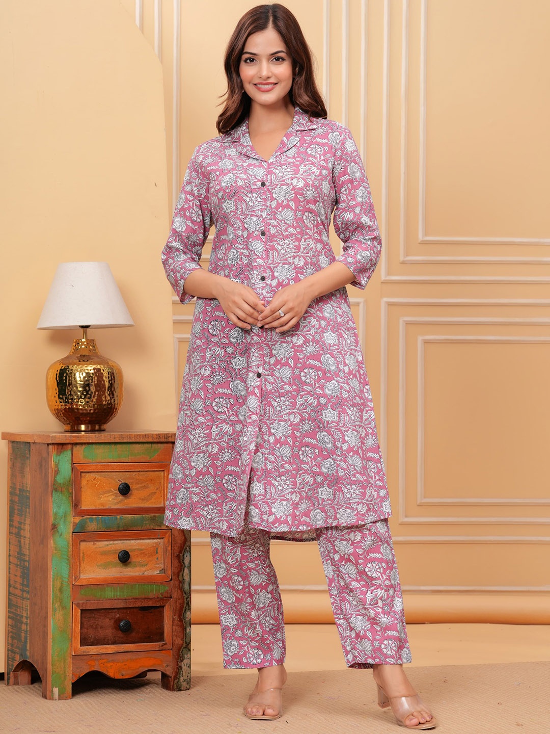 

Samhitas Printed Pure Cotton Top With Trouser Co-Ords, Pink