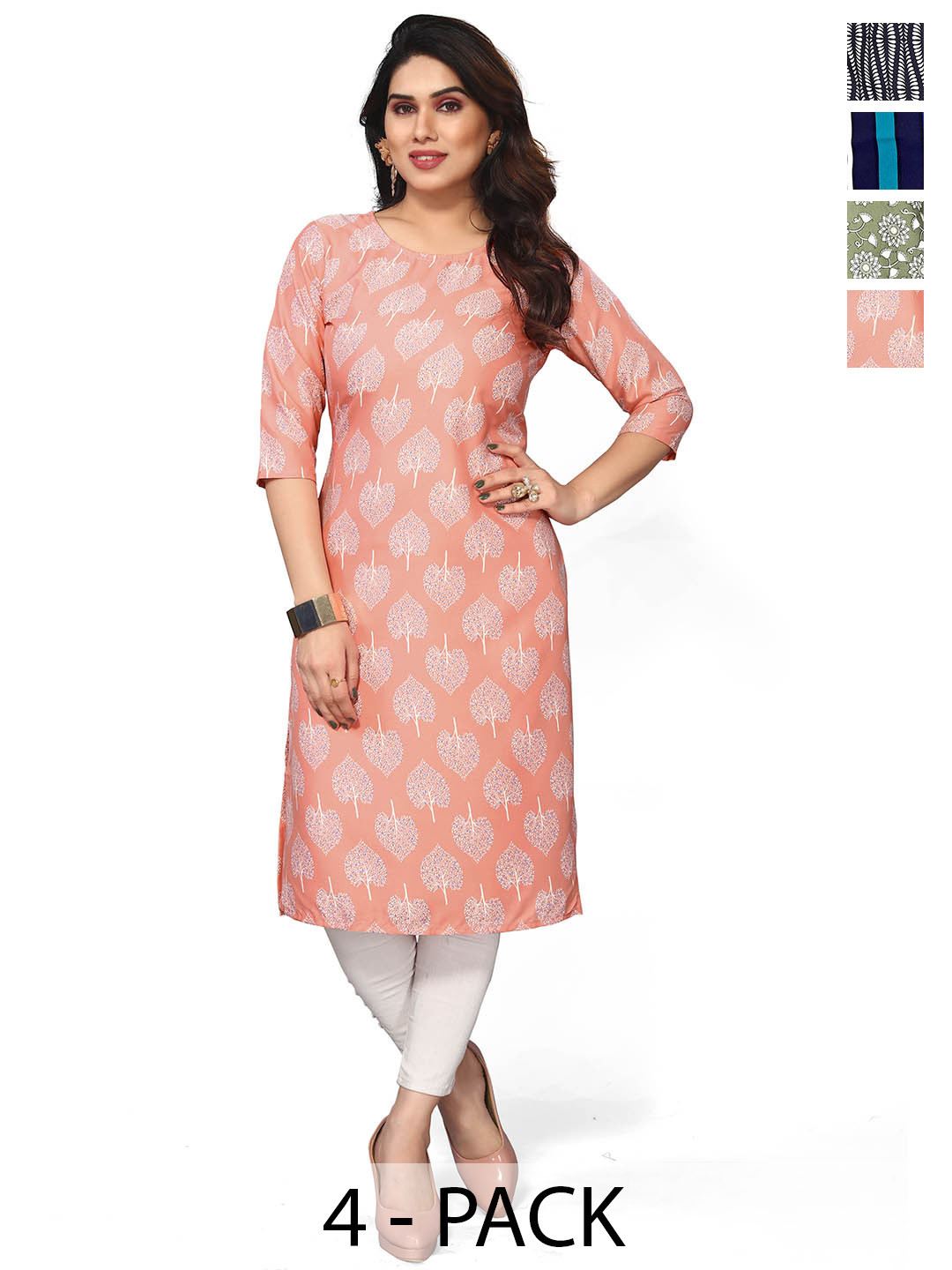 

KETAKI FASHION Selection Of 4 Floral Printed Round Neck Straight Kurtas, Orange