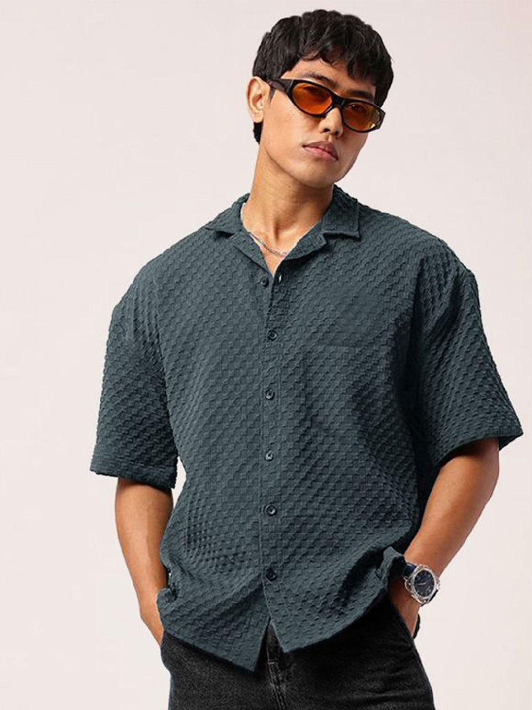 

Moda Rapido Men Standard Fit Cuban Collar Textured Casual Shirt, Grey