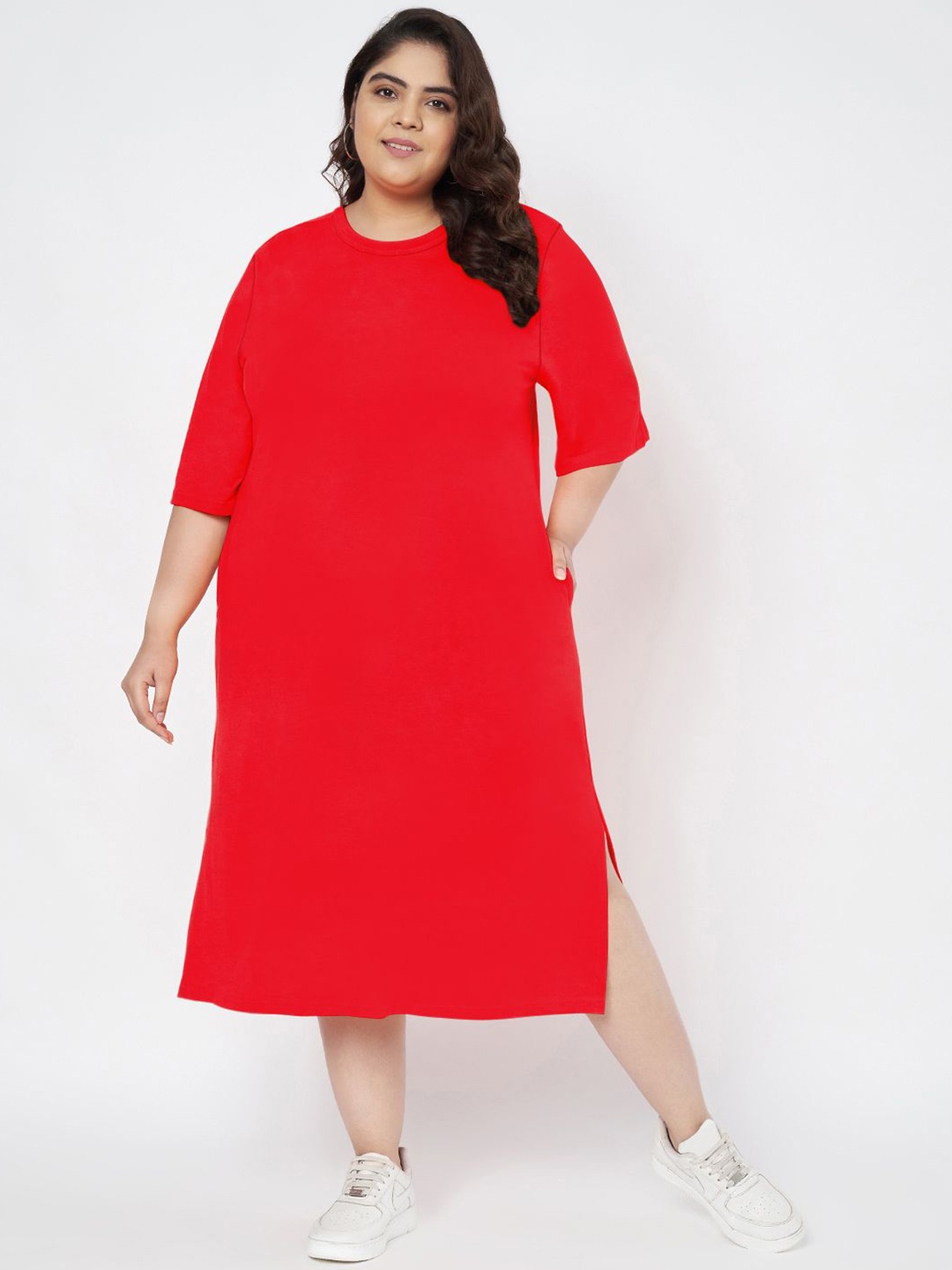 

BRINNS Women Plus Size Cotton T-shirt Midi Dress, Red