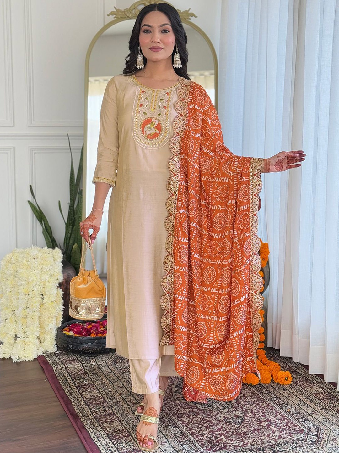 

KALINI Ethnic Motifs Embroidered Chanderi Silk Straight Kurta With Trousers And Dupatta, Beige