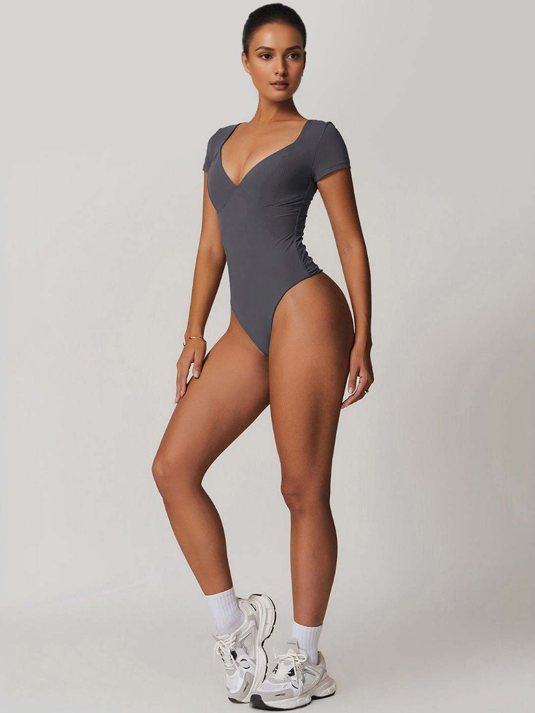 

StyleCast V Neck Short Sleeve Bodysuit, Grey