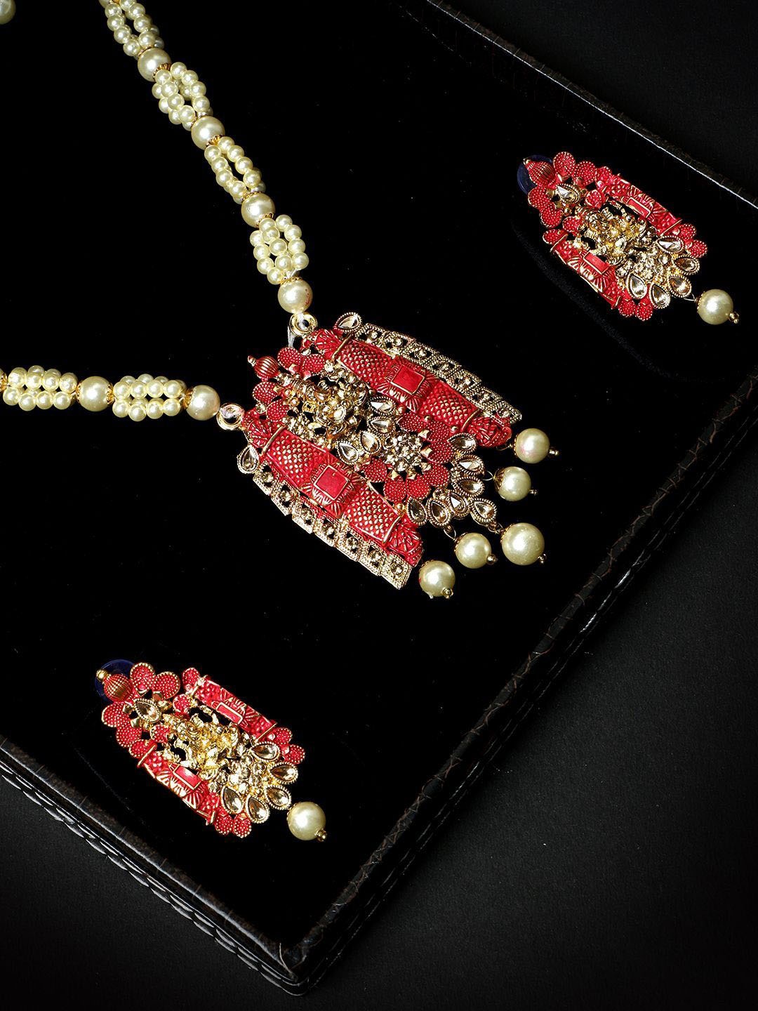 

Anouk Gold Plated And Red Artificial Stones Studded & Beaded Necklace And Earrings