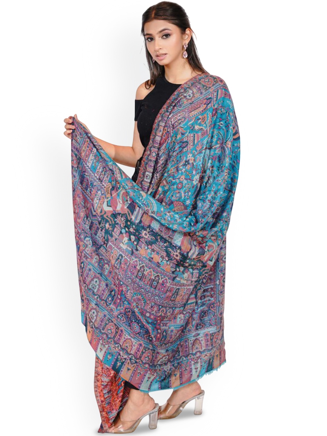 

PASHMAL INDIA PRIVATE LIMITED Floral Woven Design Woollen Shawl, Blue