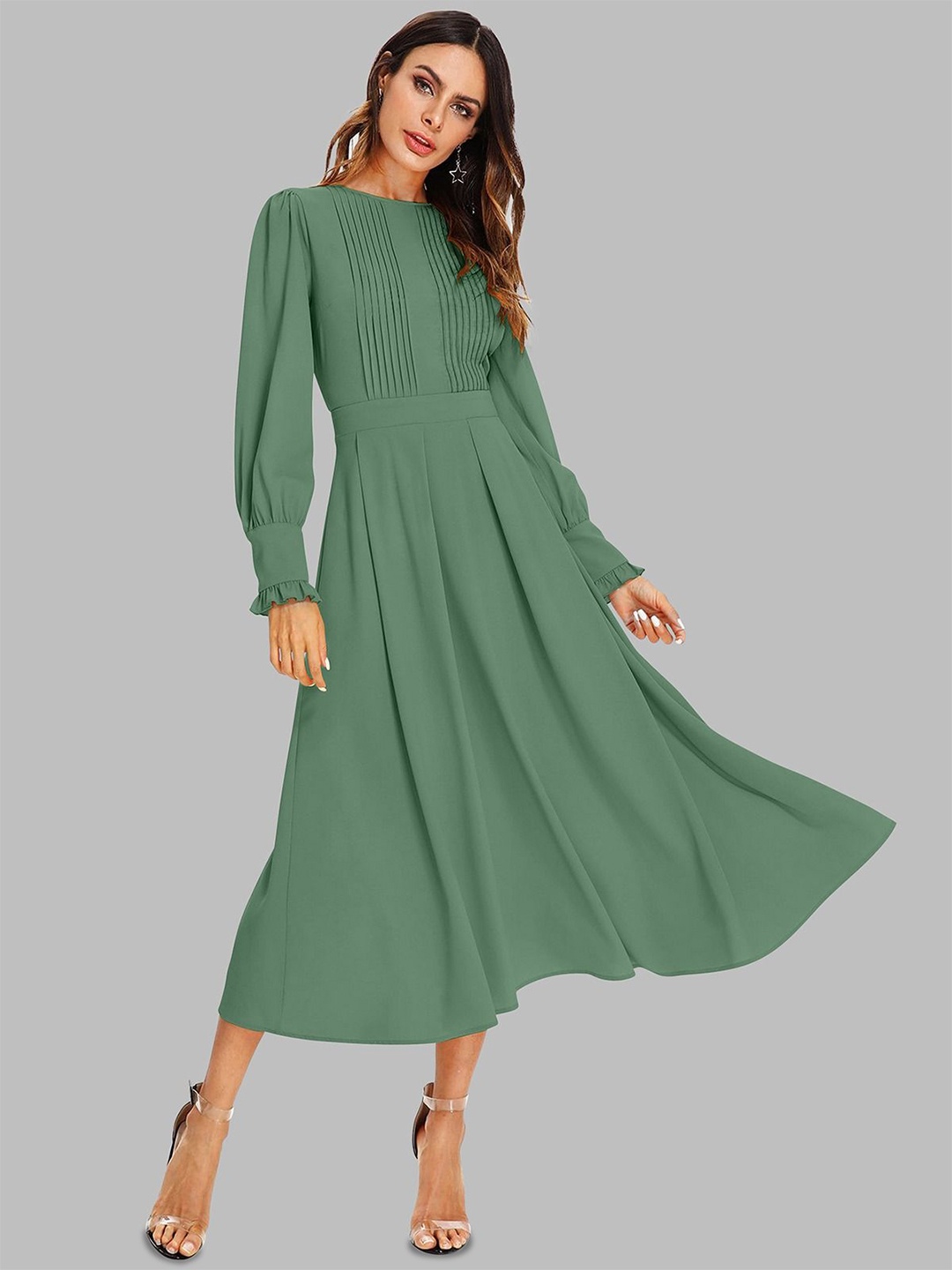 

DHUNKI Puff Sleeve Georgette Formal Fit & Flare Midi Dress, Lime green