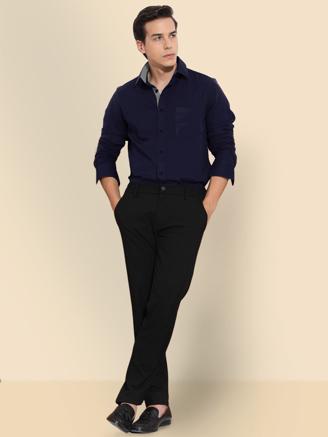 

Moda Rapido Men Standard Slim Fit Spread Collar Solid Cotton Casual Shirt, Navy blue