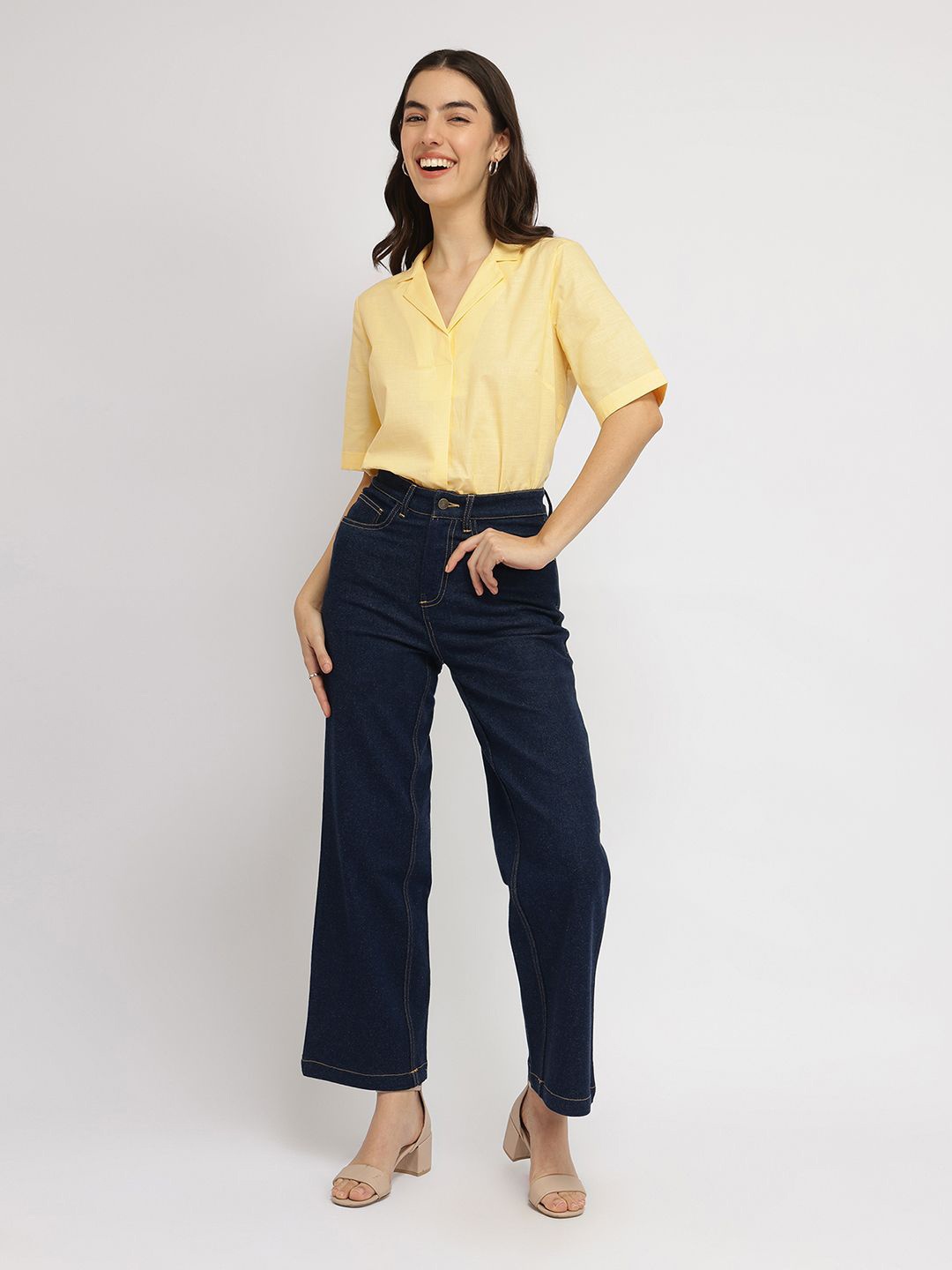 

FableStreet Women Cotton Blend Notched Collar Top, Yellow