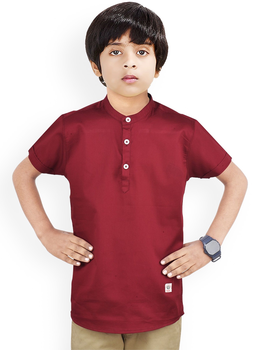 

MADE IN THE SHADE Boys Band Collar Pure Cotton Kurta, Maroon