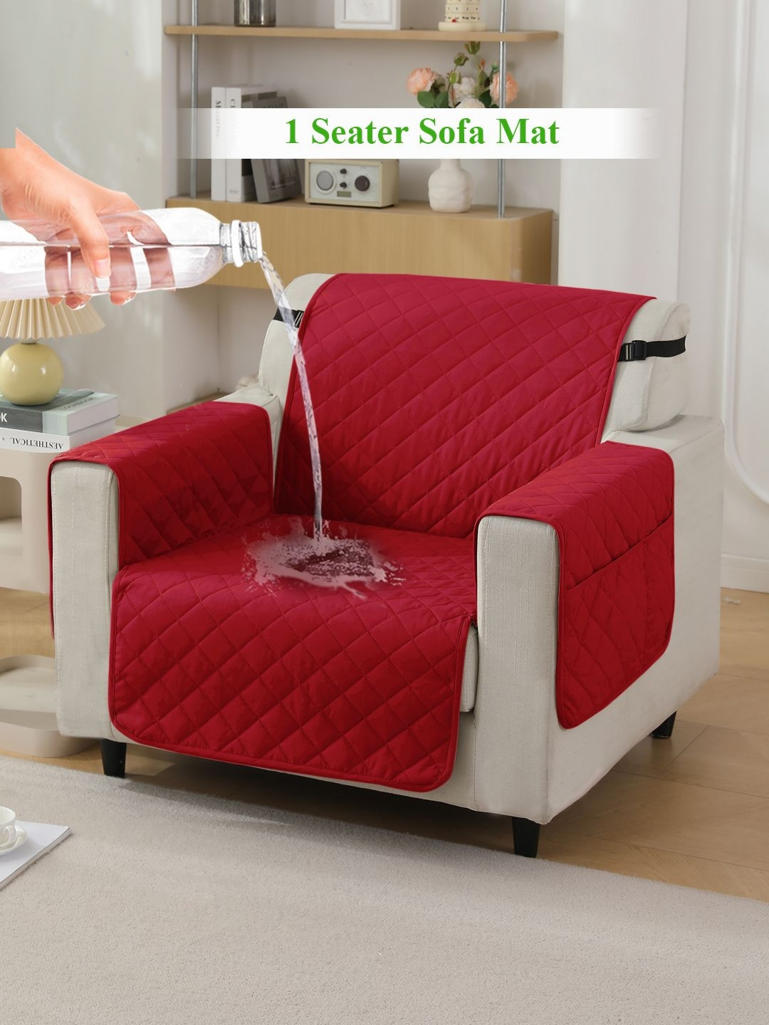 

HOKIPO Red Quilted Single Seater Sofa Seat Mat With Armrest Covers